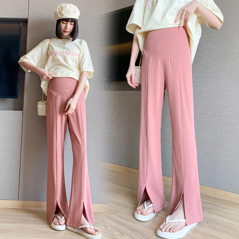 Thin Summer Pregnant Woman Belly Pants 2024 New Fashion Front Split Maternity Empired Trousers Solid Color Pregnancy Boot Cuts 3