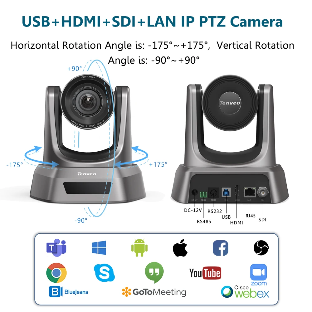 TENVEO NV10A 10X Zoom HDMI PTZ Camera IP Live Streaming SDI USB 1080P 60fps PoE Support for Church Services Worship Education