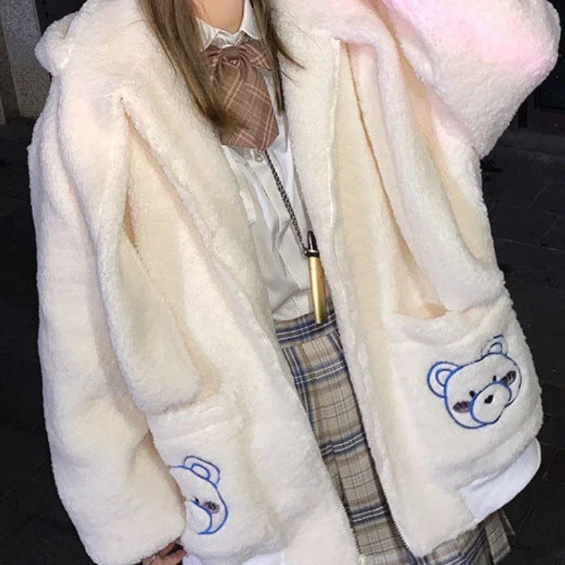 Women Japanese Harajuku Lambswool Sweatshirt Coats Kawaii Bear Embroidered Zip Up Loose Hoodies Soft Girl Cute Plush Jacket 2023