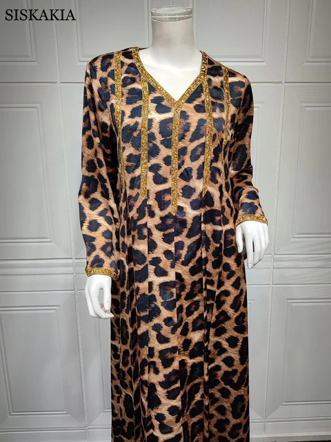 Leopard Print Diamonds Loose Ladies Dress Fashion Muslim Women's Jalabiya Ramadan Arab Hight Quality Feminine Clothes 5