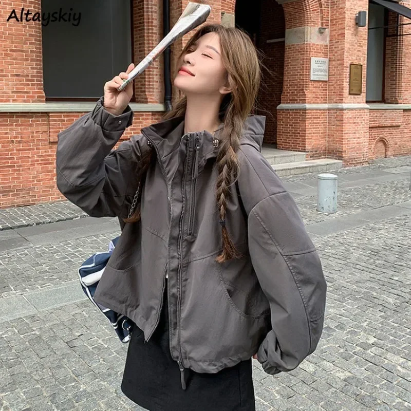 Basic Jackets Women Vintage Baggy Zip-up Lazy Cargo Outwear