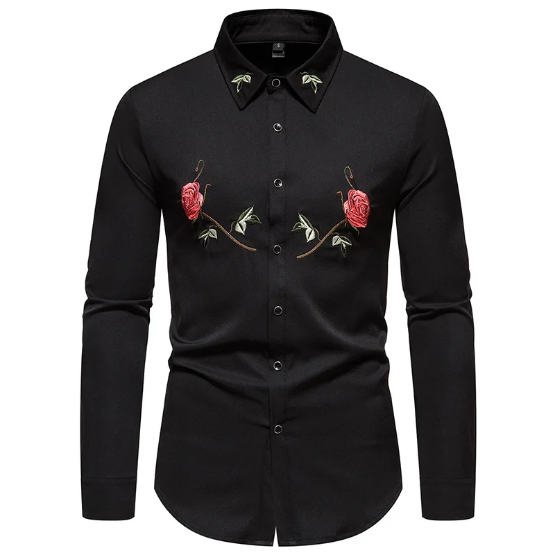 

2023 New Men Rose Embroidery Shirt Long Sleeve Button Down Slim Fit Dress Shirt Hipster Party Wedding Social Shirt Camisa Hombre