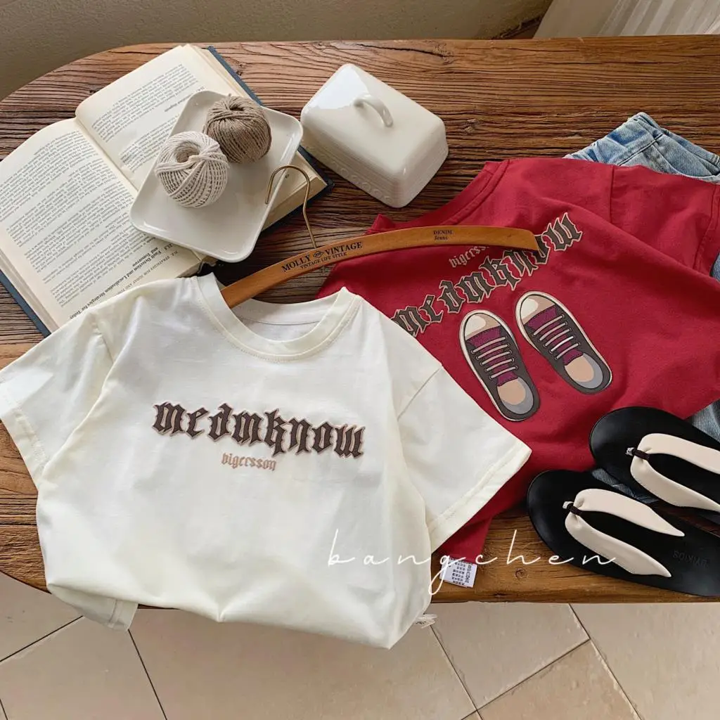 

Летняя коллекция 2024 года, Корейская футболка для маленьких девочек, однотонные топы с надписями для девочек, Хлопковая универсальная Детская рубашка для девочек