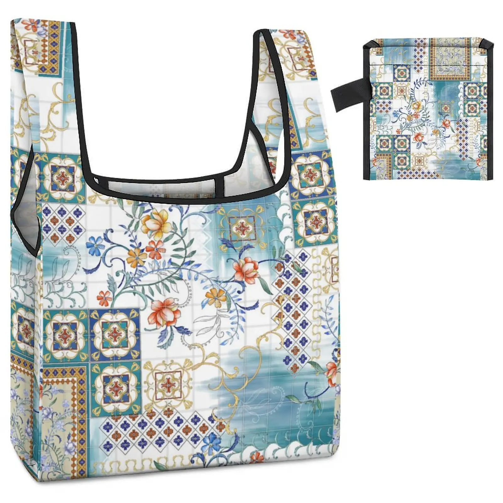 Custom Printed Bags Shopper Color Block Satchel Bag Ethnic Flower Shopping Tote Casual Woman Foldable Handbag Custom Pattern