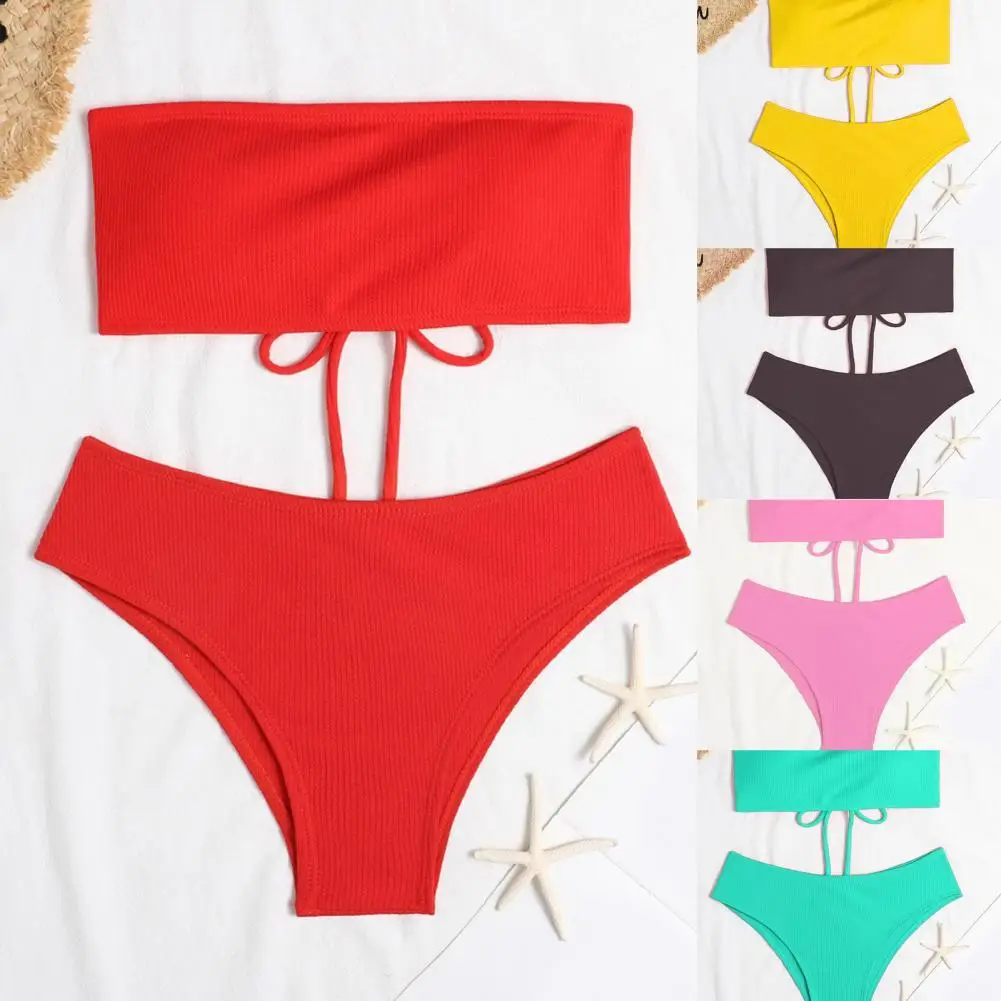 

High Waist Strapless Sexy Bikini Women Swimwear Lace-up Solid Color Bikini Set Two Pieces Bandeau Bra High Cut Briefs Swimwear