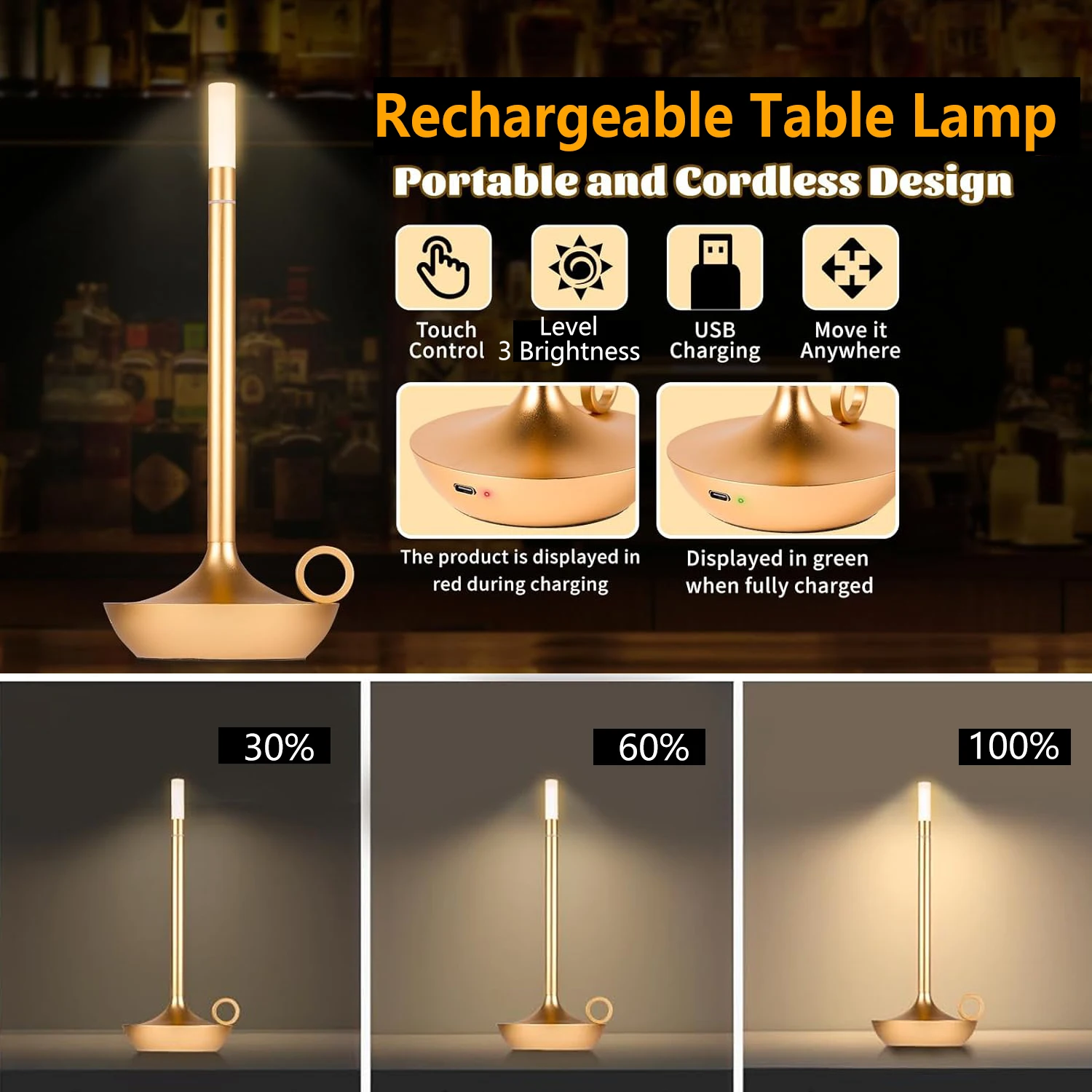 Rechargeable Table Lamp Touch Sensor Desktop LED Night Light Wireless Reading Lamp for Restaurant Hotel Bar Bedroom Decor Light 6