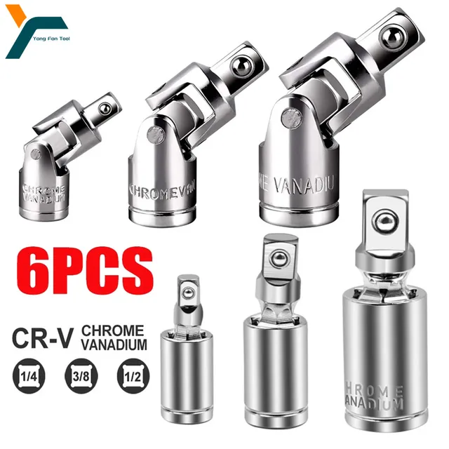 6ชิ้นอะแดปเตอร์เต้าเสียบข้อต่ออเนกประสงค์1/2 ''3/8'' 1/4 ''ชุดข้อนิ้วยืดหยุ่นวงล้อต่อมุมประแจแขนอะแดปเตอร์ 1