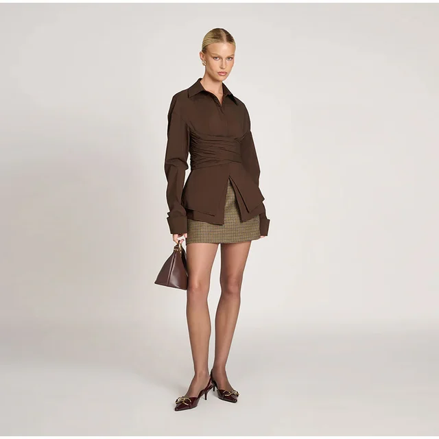 Top elegante de oficina para mujer, blusas con cordones de un solo pecho y manga larga con cuello vuelto, prendas de vestir exteriores para ir al trabajo de verano 2025 - AliExpress