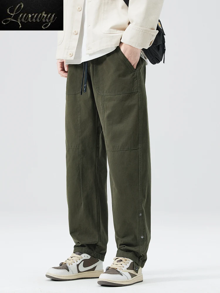 

2023 New Autumn Men's Pants Solid Color Washed Cotton Drawstring Straight Baggy Cargo Male Wide Leg Casual Trousers