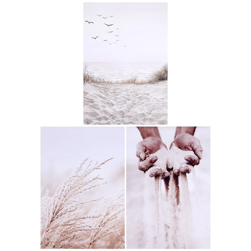 

Набор из 3 плакатов, стильные настенные картины в стиле бохо, Природный пляж, пампасная трава, художественный плакат без рамки, печатные картины, плакат