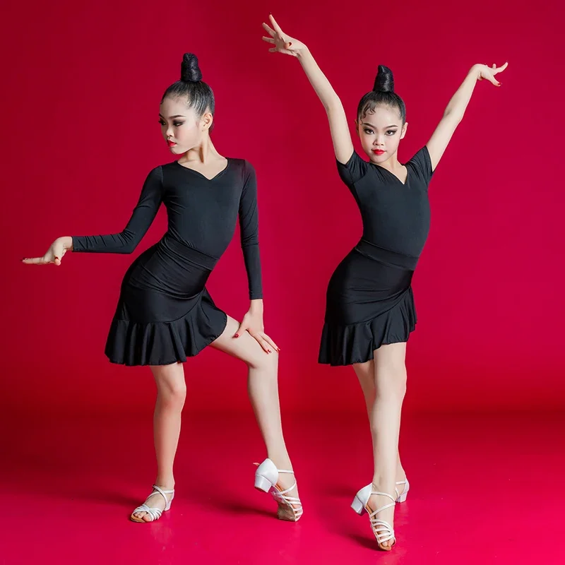 Set Girls Latin Dance Black Dress Ballroom Costume Latin Dress Costume Kids Gymnastics Pratice Dance QMilch Professional
