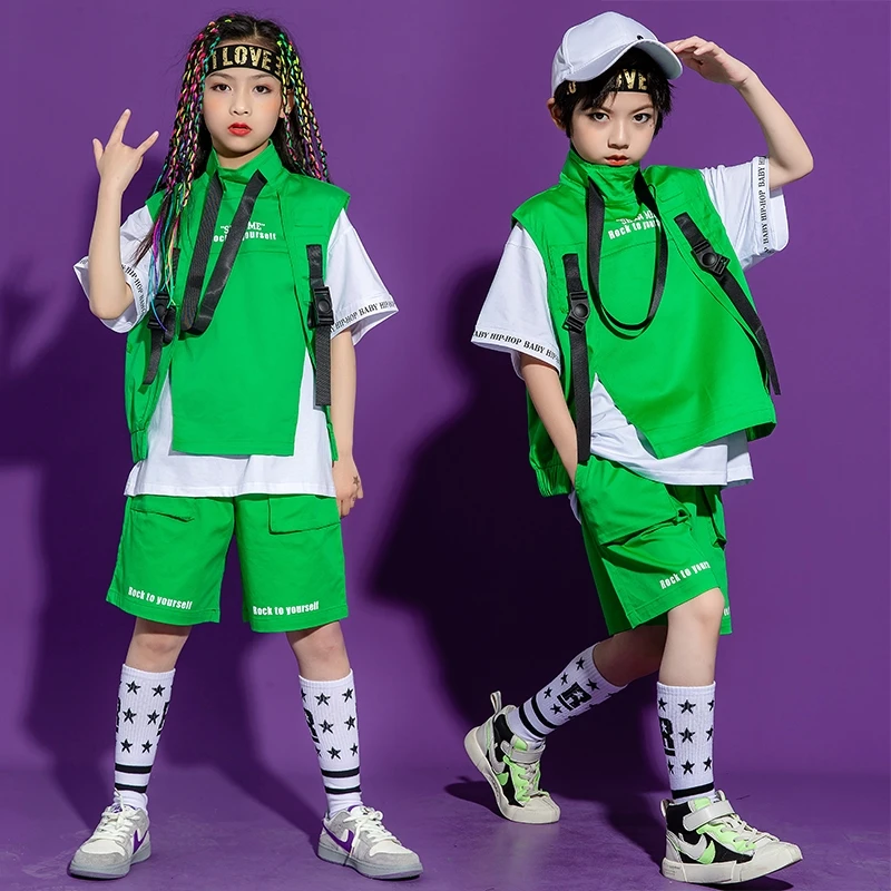 Girls Summer Green Hip Hop Clothes Short Sleeve T Shirt High Neck Vest Cargo Shorts Children Streetwear Jazz Dance Costume 3-16Y