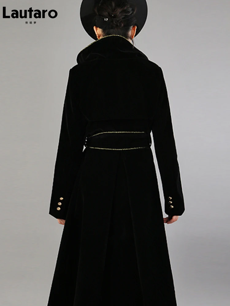 Lautaro-Manteau long en velours noir pour femme avec ceintures dorées, double boutonnage, mode de créateur de luxe, printemps, automne, 2022