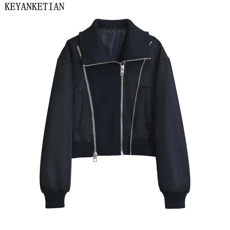 

KEYANKETIAN 2024 New Launch Women's Knit Patchwork Bomber Jacket Fashion Asymmetrical Zipper Black Spring Cropped Outerwear Top