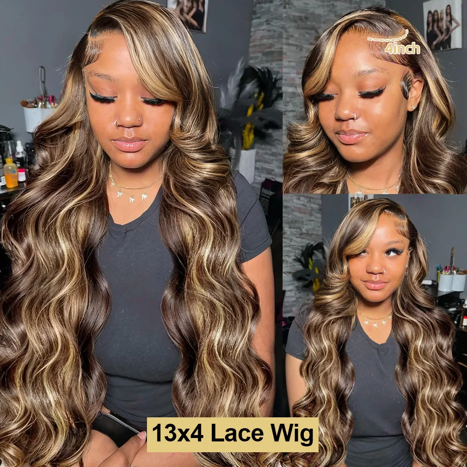 30 40 Inch 250 Density 4/27 Highlight Ombre Blonde Body Wave 13x4 Lace Front Wig Brown Color 13x6 HD Lace Frontal Human Hair Wig 5