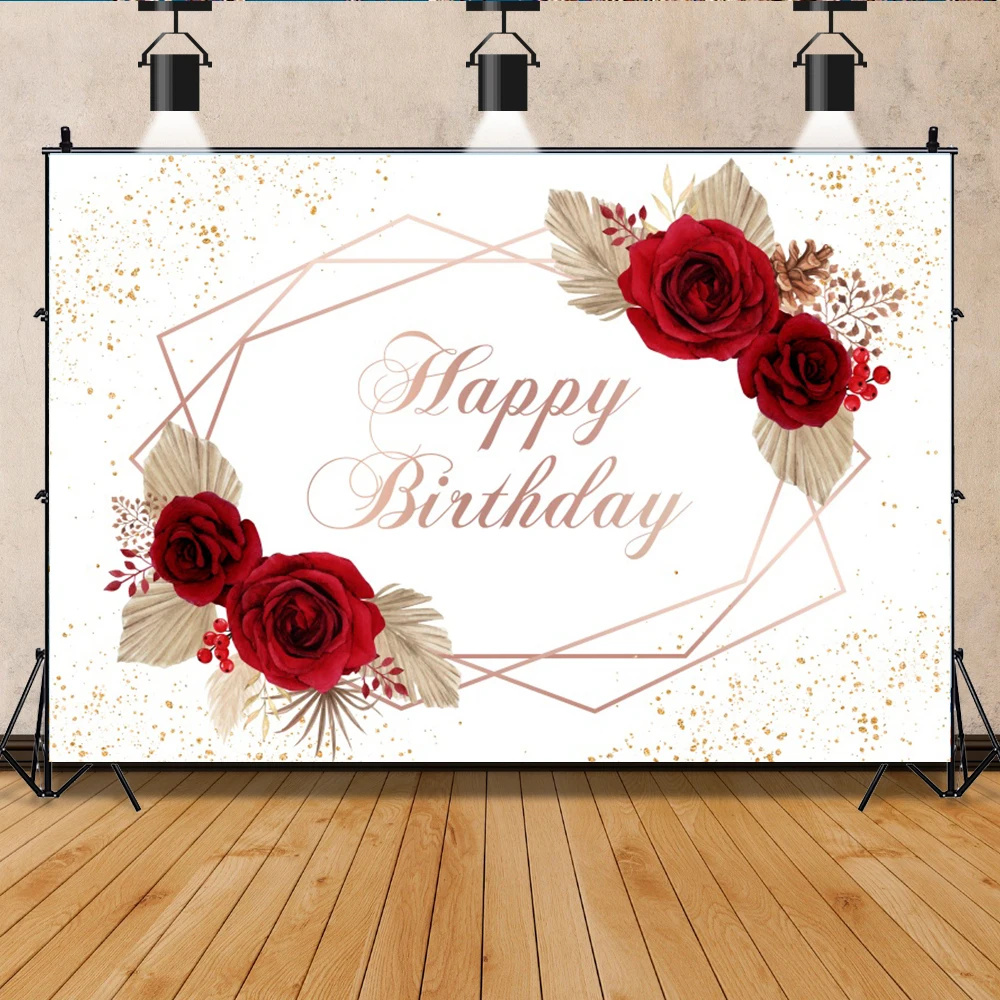 

Lady/Woman Happy Birthday Party Photographic Background Romantic Flowers Glitter Photography Backdrop Portrait Photo Props
