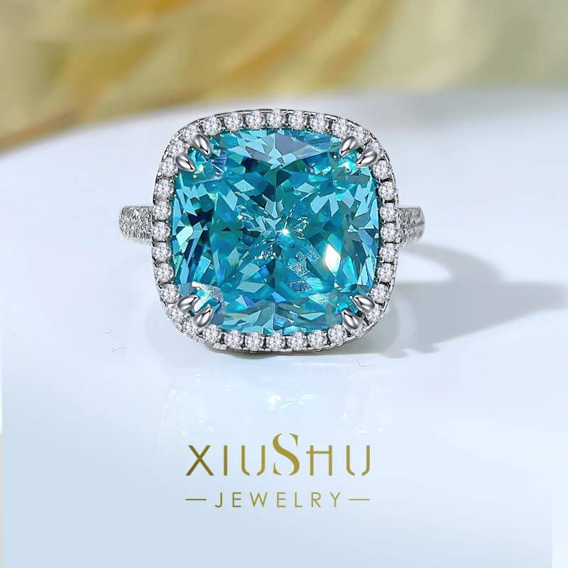 

Fashion Luxury Set Fat Square Palaiba Sterling Silver Ring Set with High Carbon Diamond Crushed Ice Cut Style