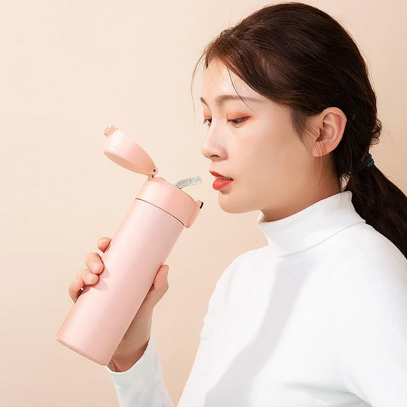 

Straw Water Bottle Temperature Display Vacuum Flasks Smart Insulated Cup Portable Thermal Tumbler Coffee Mug 420-600ml Thermos