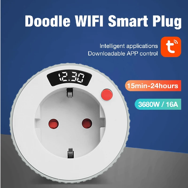 Tuya Smart Plug WIFI EU 16A 3680W Socket Rotatable Countdown LCD Display Timing