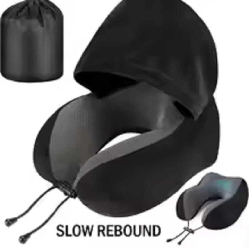 Luxurious Hooded Travel Neck Pillow with Soft Memory Foam and Velvet Cover, Includes Storage Bag