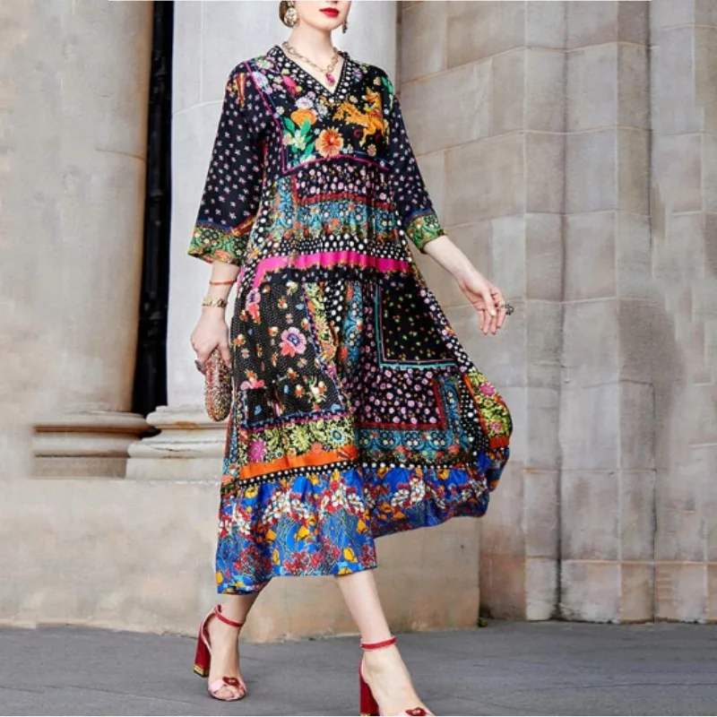 Vestido Línea A Con Estampado Floral De Manga Obispo Verde - Yaxa