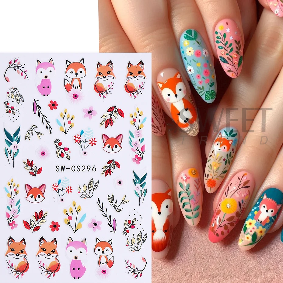 2pcs Cartoon Fox Nail Art Stickers Cute Fox Leaf Flower Nail Decals DIY Adhesive Slider Autumn Design Charms Manicure Decoration