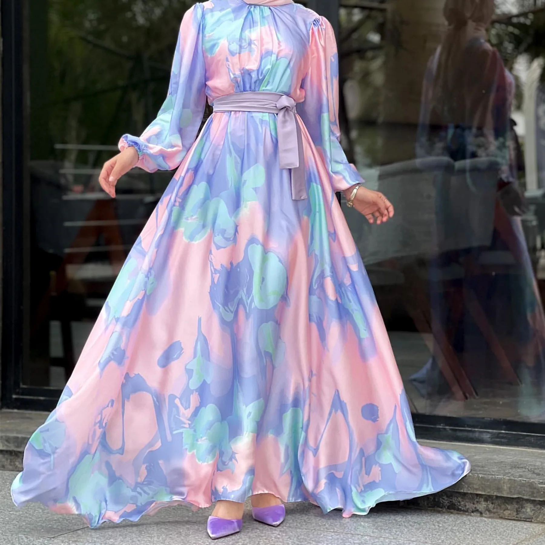 Ramadan Eid Printed Abaya Dubai Turkey Satin Muslim Dress Islam Saudi Arabia African Dresses for Women Morocco Kaftan Hijab Robe