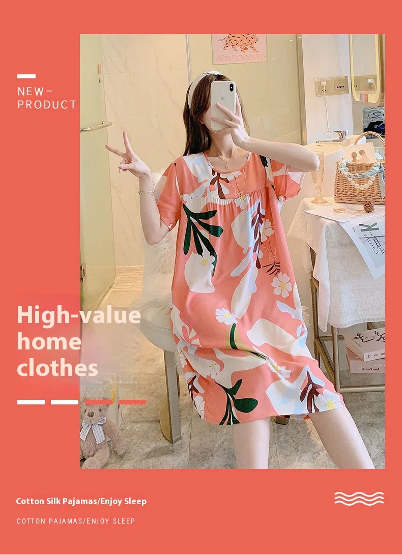 Summer Cotton Silk Nightgown Women's Home Wear Short-Sleeved Cartoon Print Pajamas Burst Large Size Spring and Autumn Home Wear