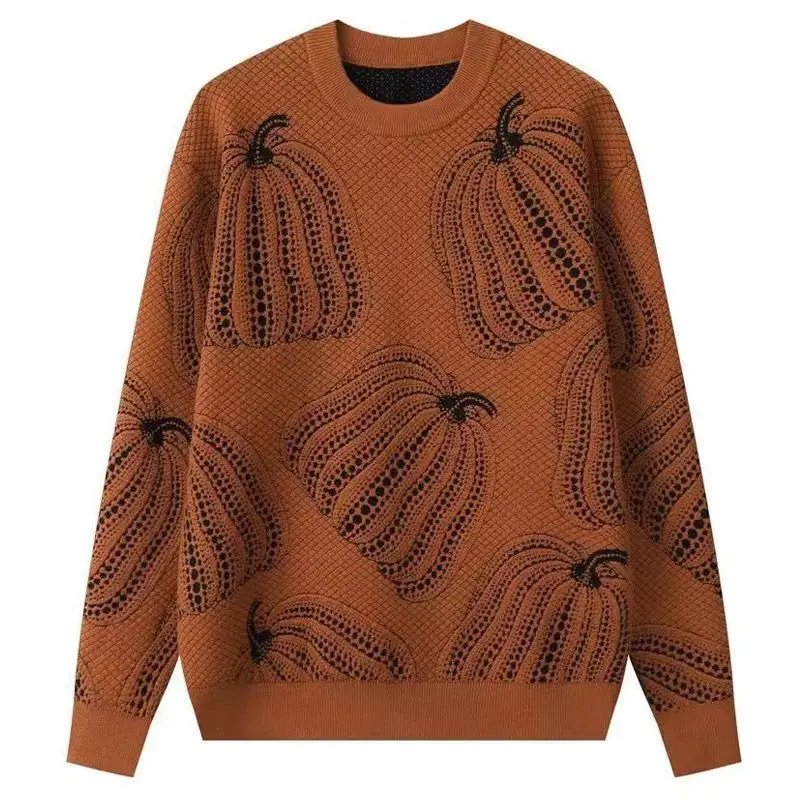 Men's Autumn Winter Solid Round Neck Pullover Cartoon Screw Thread Long Sleeve Sweater Knitted Undershirt Fashion Casual Tops