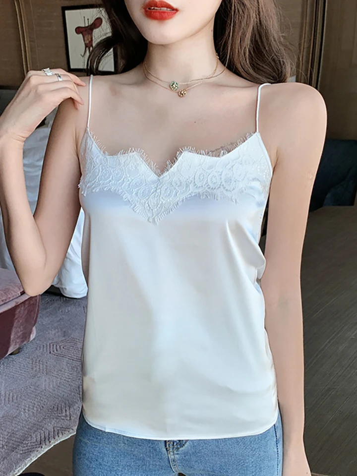Top con scollo a V in raso e pizzo donna