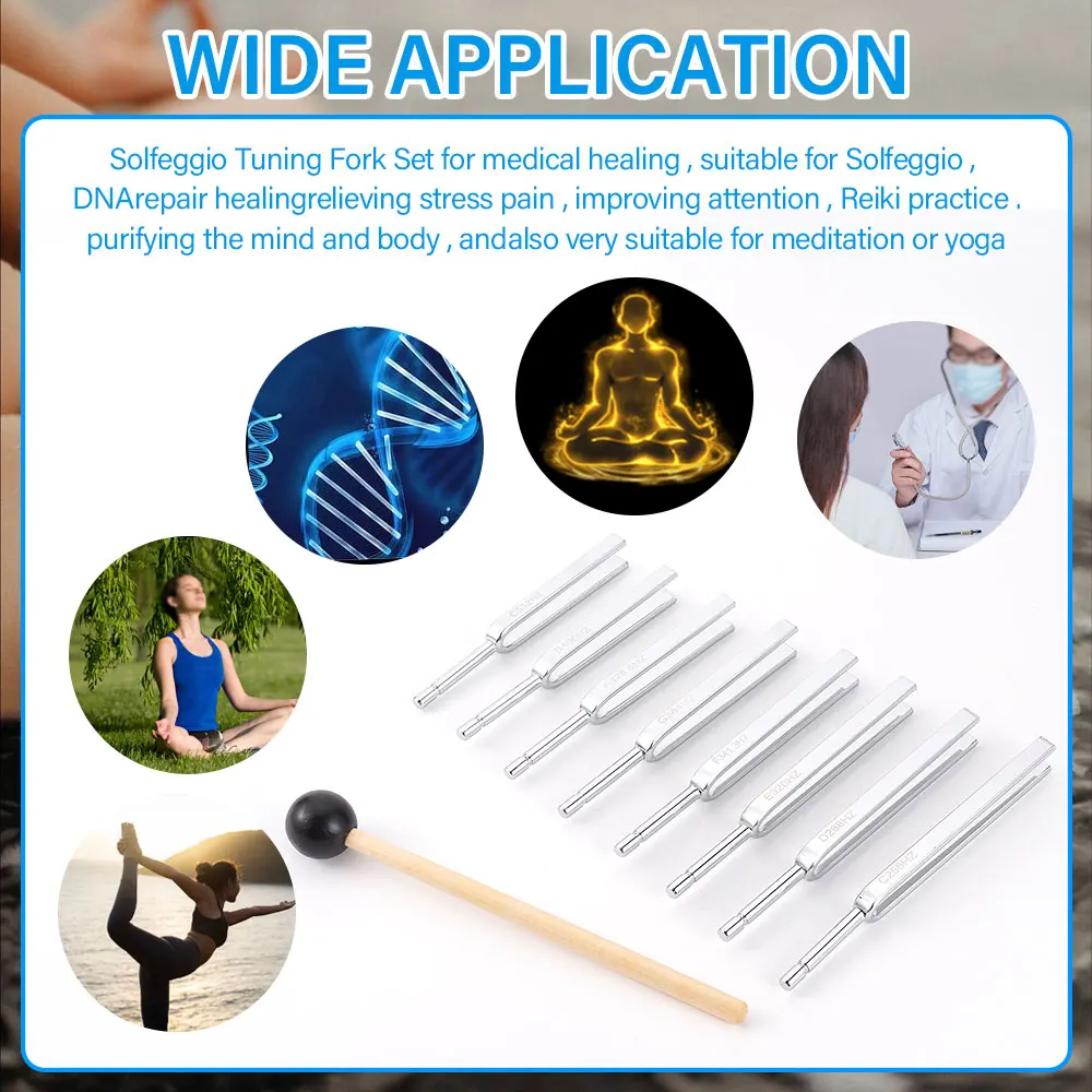 8Pcs 256-512HZ Steel Tuning Fork Set Health Physics Vibration Medical Diagnostic + Mallet Vibration Healing Therapy Medical Tool 6