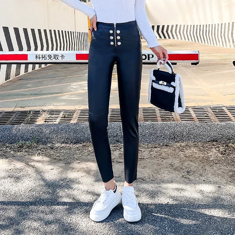 

Genuine Leather Pants for Women Stretch Sheepskin Leather Pants High Waist Double-breasted Small Foot Pencil Pants Ankle Length
