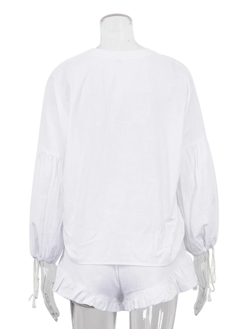 Marthaqiqi Casual Female Pajama Suit Long Sleeve Sleepwear Sexy V-Neck Nightgowns Ruffle Edge Shorts Loose Women'S Nightwear Set