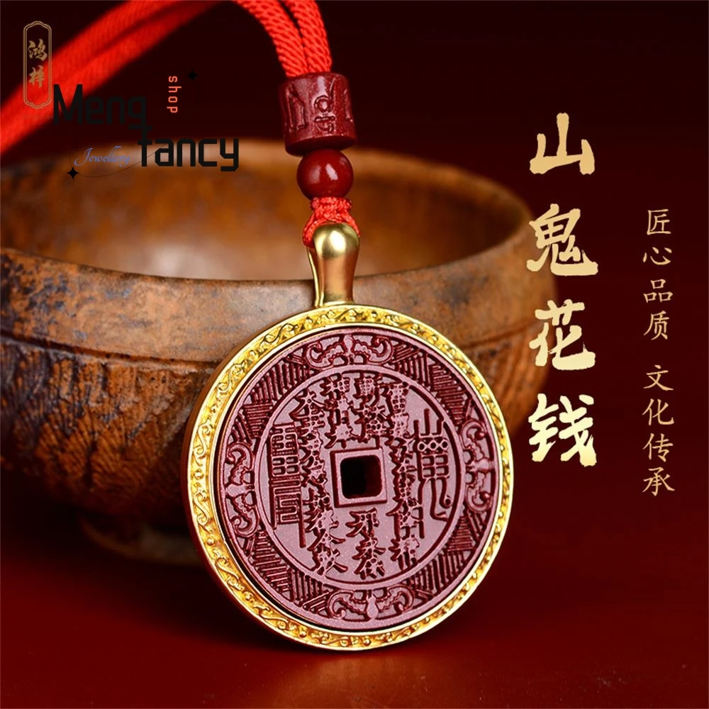 High Content Cinnabar Gold Plated Inlaid A Three-Dimensional Engraved Mountain Ghost Coin Pendant Exquisite Fashion Fine Jewelry