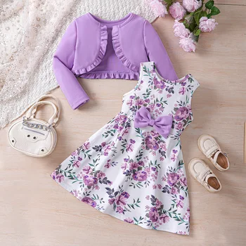Alternative view of Kids Toddlers Girls Spring Dress Sleeveless Floral Print Sundress with Long Sleeve Ruffle Cardigan Coat Birthday Party Outfits
