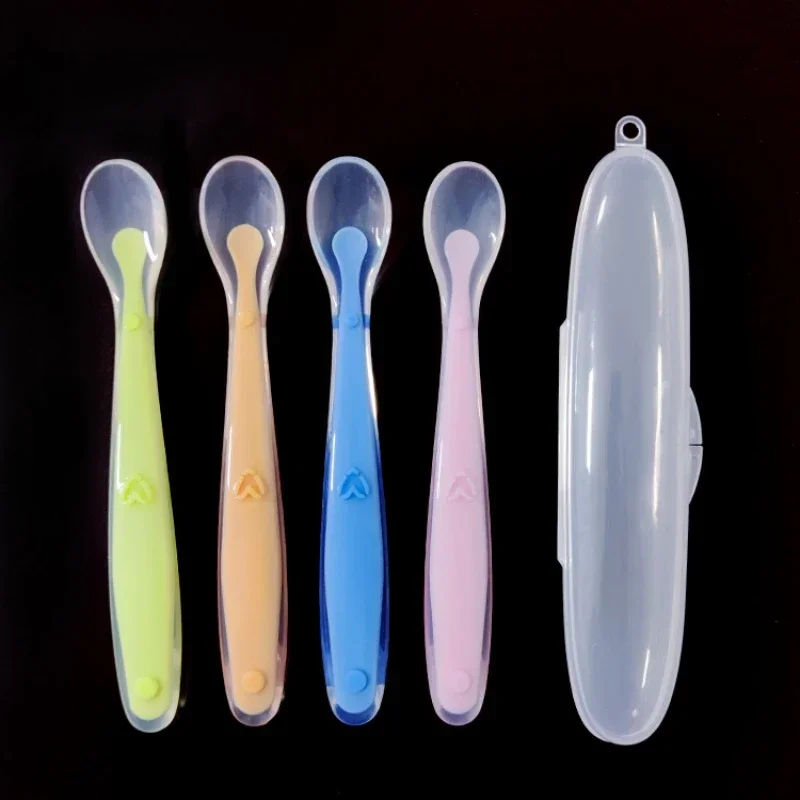 Baby Feeding Spoons Training Infant Temperature Sensoning Food Grade Flatware Tableware Cutlery Silicone Spoon With Box silicone feeding spoon silicone cutlery set learning spoons baby cutlery