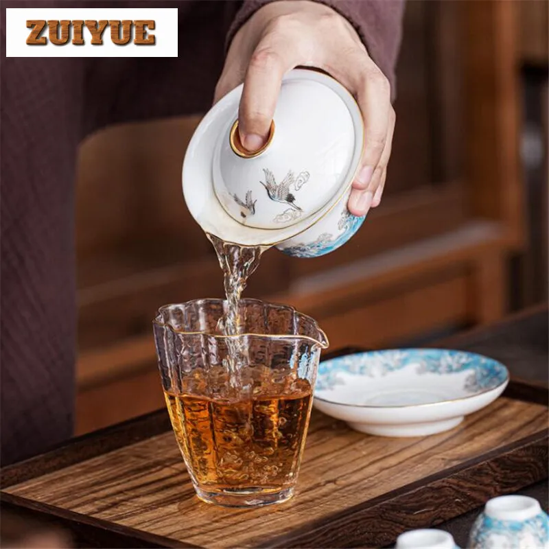 120ml White Nephire Porcelain Gaiawan Crane Wave Plated Tea Bowl Household Gaiwan Teacup Kung Fu Puer Tea Set Ceremony
