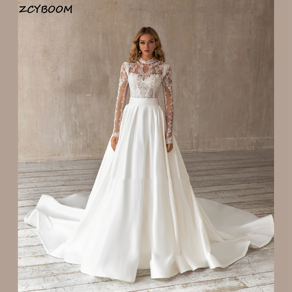 

Elegant High-neck Boho Mermaid Beaded Evening Dresses 2023 Floor Length Sweep Train Appliques Lace Custom Made Bridal Gown