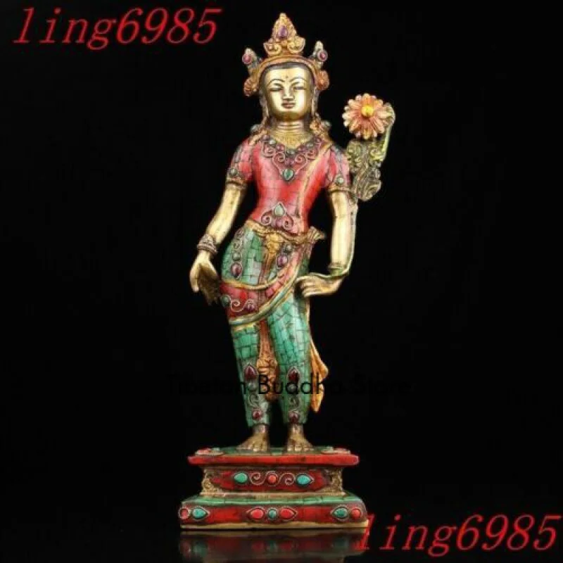 Tibet Antico Buddismo Bronzo Turchese Stand Tara Kwanyin Dea Statua Di Buddha