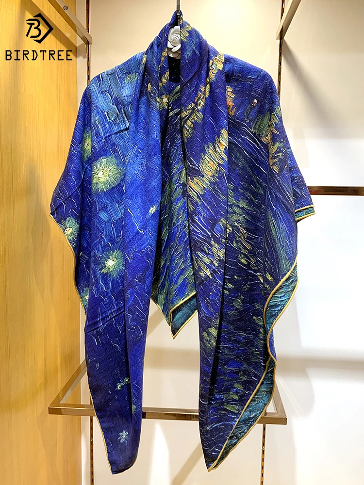 birdtree-70-wool-30-real-silk-scarve-double-sided-oil-painting-starry-sky-comfortable-mom's-gift-shawl-2024-spring-a41405qd