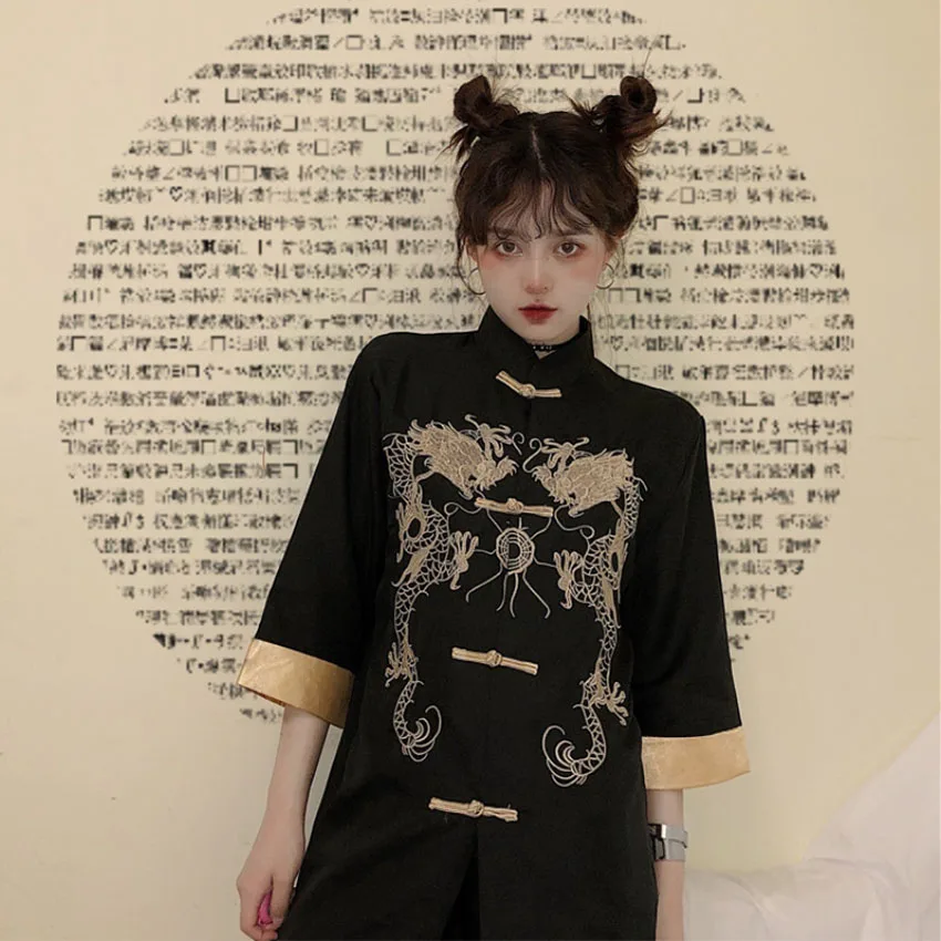 Women Chinese Shirt Women Satin Blouse Black Gothic Tang Suit Shirt Dress for Girls Women Chinese Traditional Blouse Single Breasted Dragon Embroidery Jacket Coat