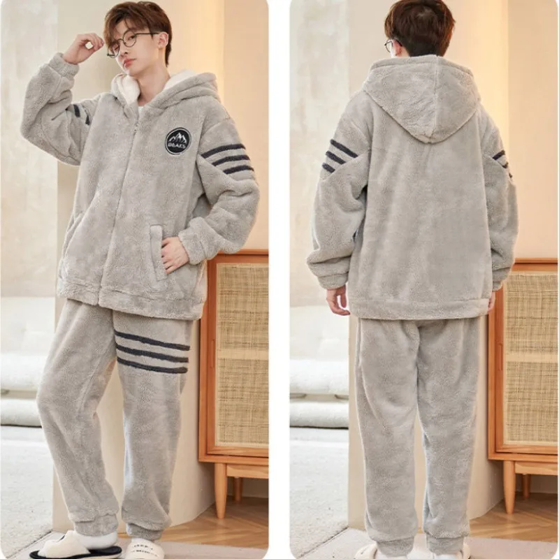 2024 New Pajamas Men's Autumn Winter Coral Fleece Loungewear Set Flannel Teen Boys Fleece Thickened Stand Collar Warm Sleepwear