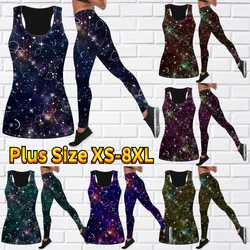 Spring/Summer Women's 3D Universe Star Sky Printed Tank Top and Tights Summer Sleeveless Fit Tank Top Yoga Set XS-8XL