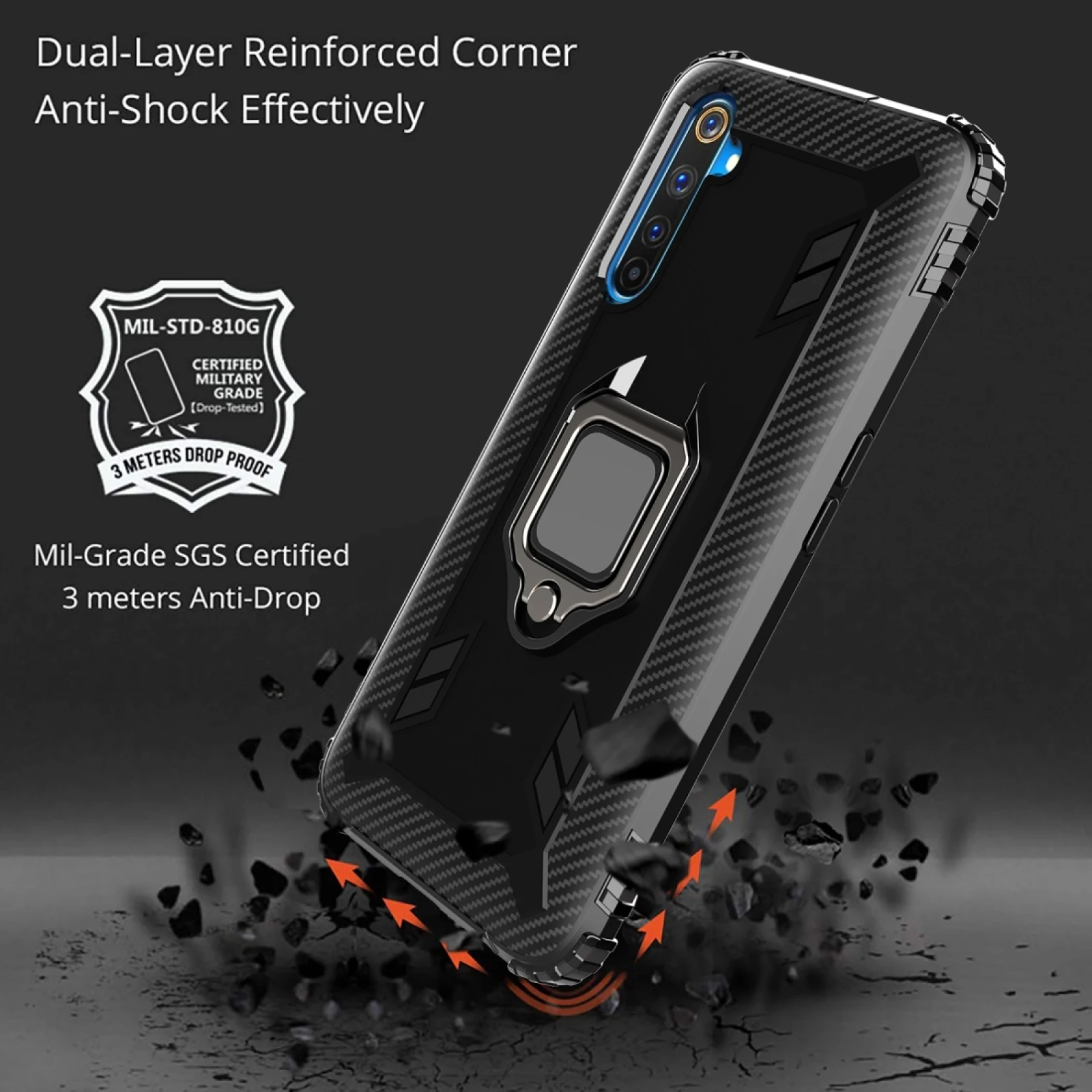 For OPPO Realme 6 Pro Carbon Fiber Protective Case with 360 Degree Rotating Ring Holder