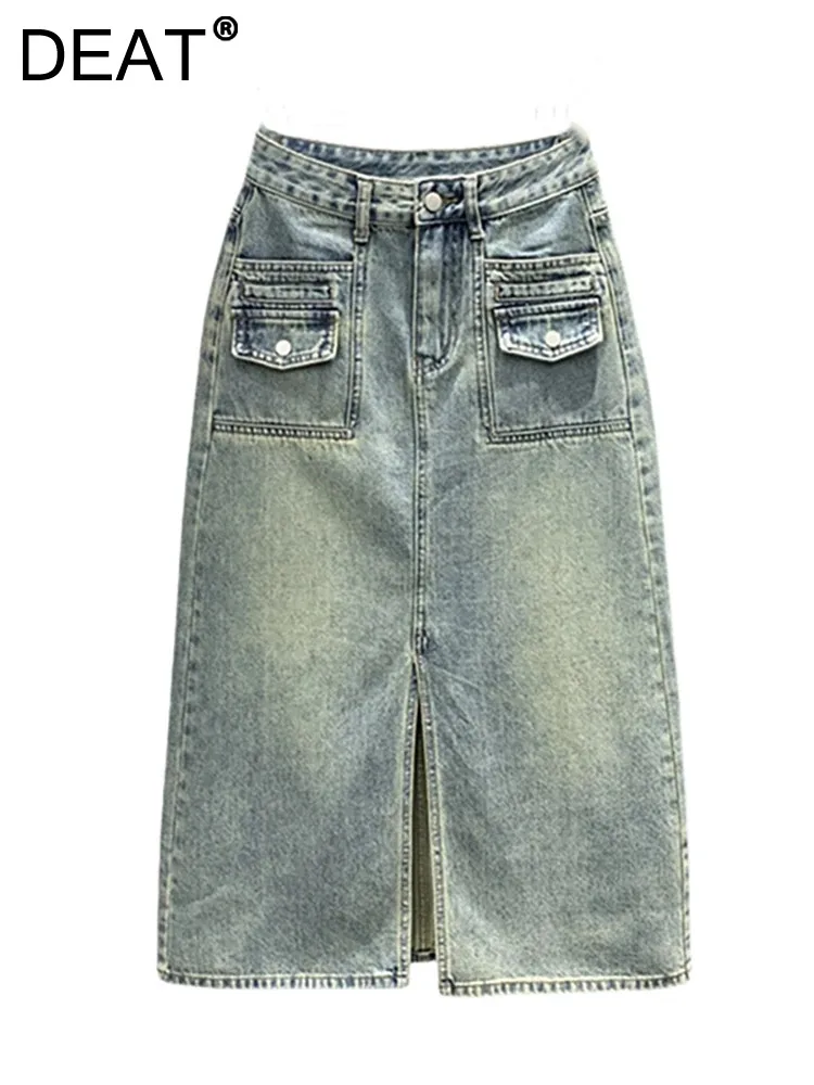 

Женская джинсовая юбка с завышенной талией DEAT, однотонная длинная юбка составного кроя с запахом на бедрах, весна 2024