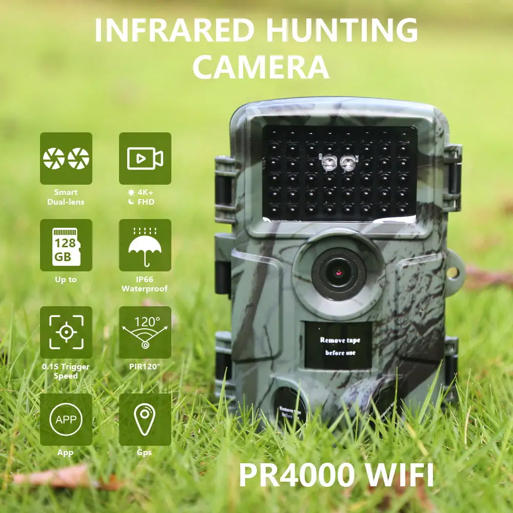 동물 관찰용 야외 야간 카메라, 농장 모니터용 사냥 트레일 카메라, 지지대 앱, GPS, 60MP, 4K, WiFi, PR4000