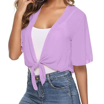 Women Tie Front Chiffon Short Sleeve Cropped Sheer Bolero Cardigan Hin Shirts For Woman 2024 Summer Clothing Lace Shawl 5