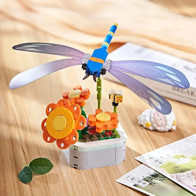 곤충 꽃 화분에 심은 빌딩 블록, 다육 꽃다발 벽돌 모델, 창의적인 장식, DIY 조립 장난감, 여아 어린이 선물