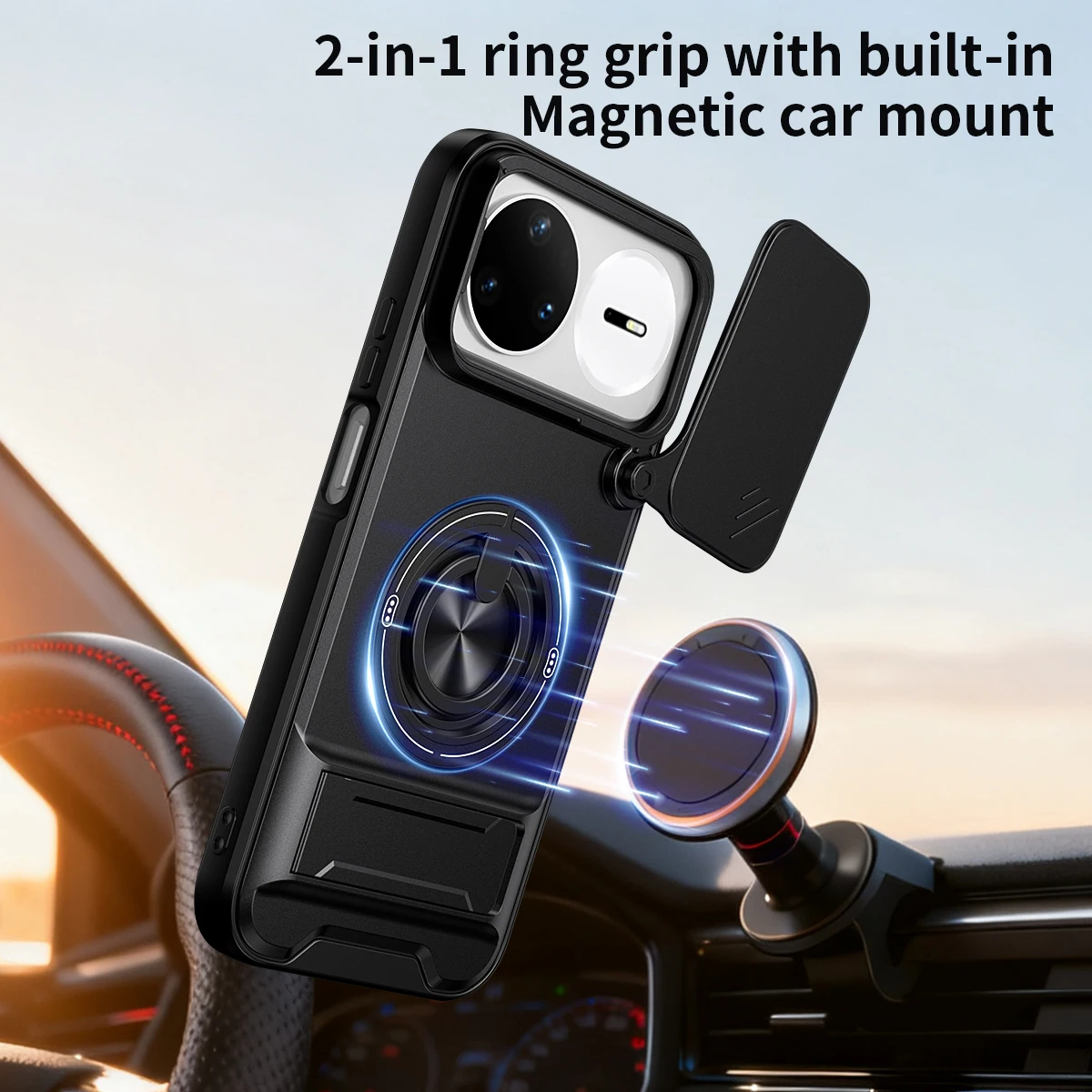 Enhanced Armor Case with Car Magnetic Holder, Ring Stand & Slide Lens Protector - Durable Back Cover