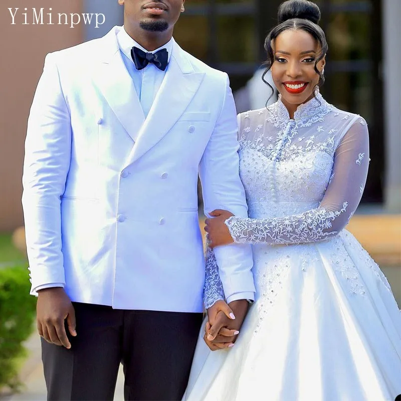 White Wedding Suits for Men 2024 Peak Lapel Double Breasted Costume Homme African Blazer Sets Tuxedos Suit 2 Pieces Coat+Pant